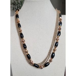 Vintage Glass Bead Chain Necklace in Black & Gold with Decorative Box Clasp
